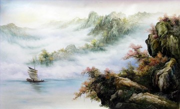 中国 Painting - 中国の秋の風景の中をセーリング